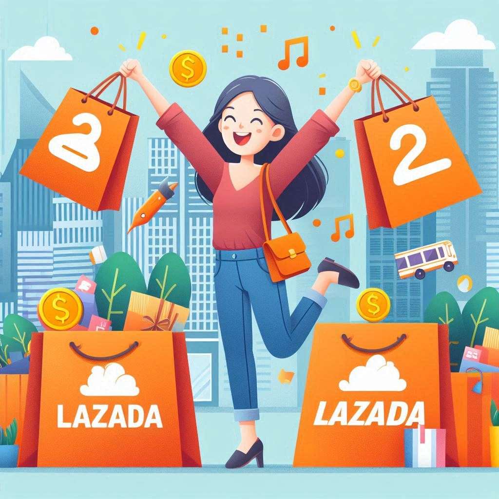Shopper celebrating with shopping bags and Lazada logo, symbolizing savings and excitement.