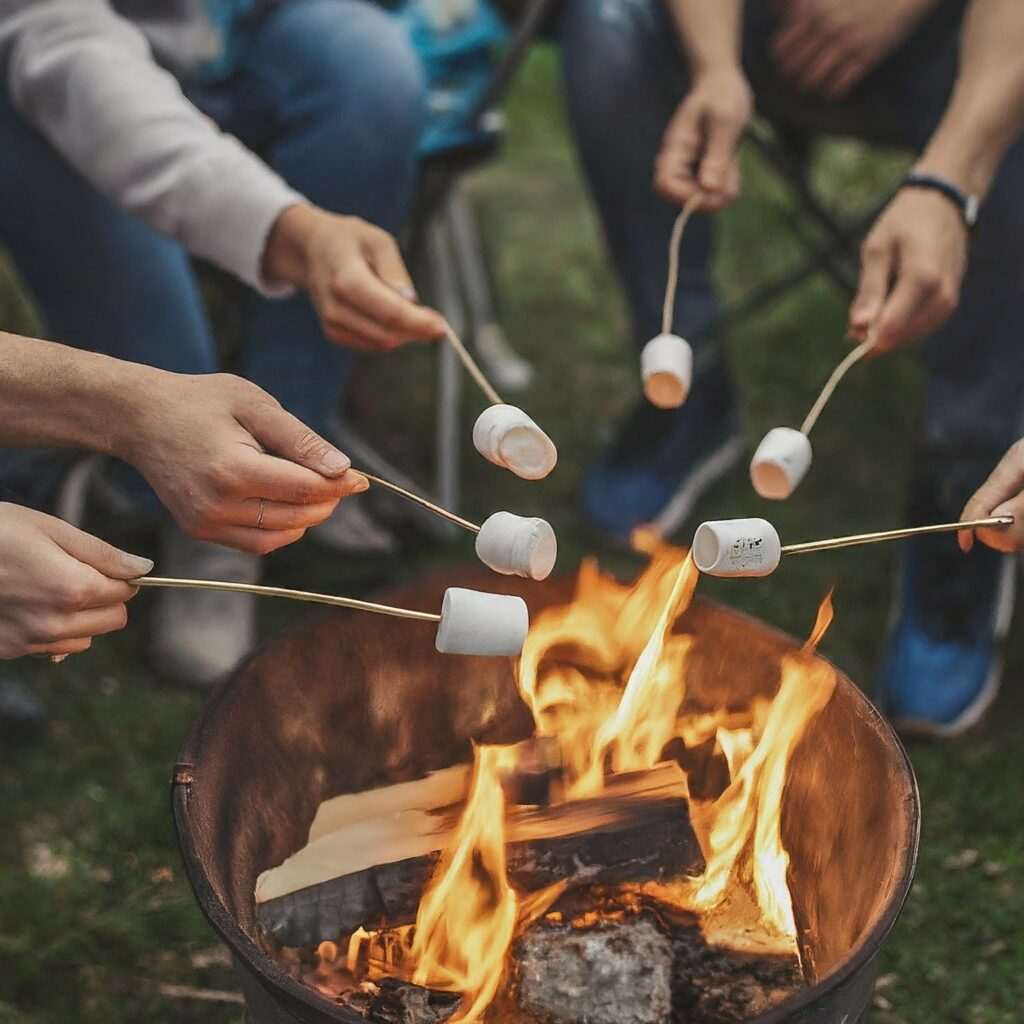 A group of friends relaxing in comfortable folding camping chairs around a campfire